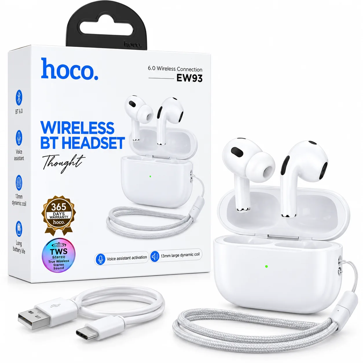 Écouteurs sans fil Bluetooth 6.0 Hoco EW93 TWS avec boîtier de charge et cordon