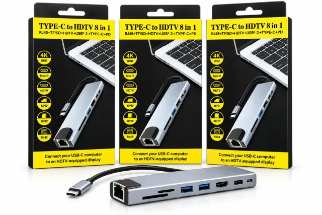 Hub adaptateur USB-C 8 en 1 : HDMI 4K, RJ45, USB 3.0, lecteur SD/TF et USB-C PD