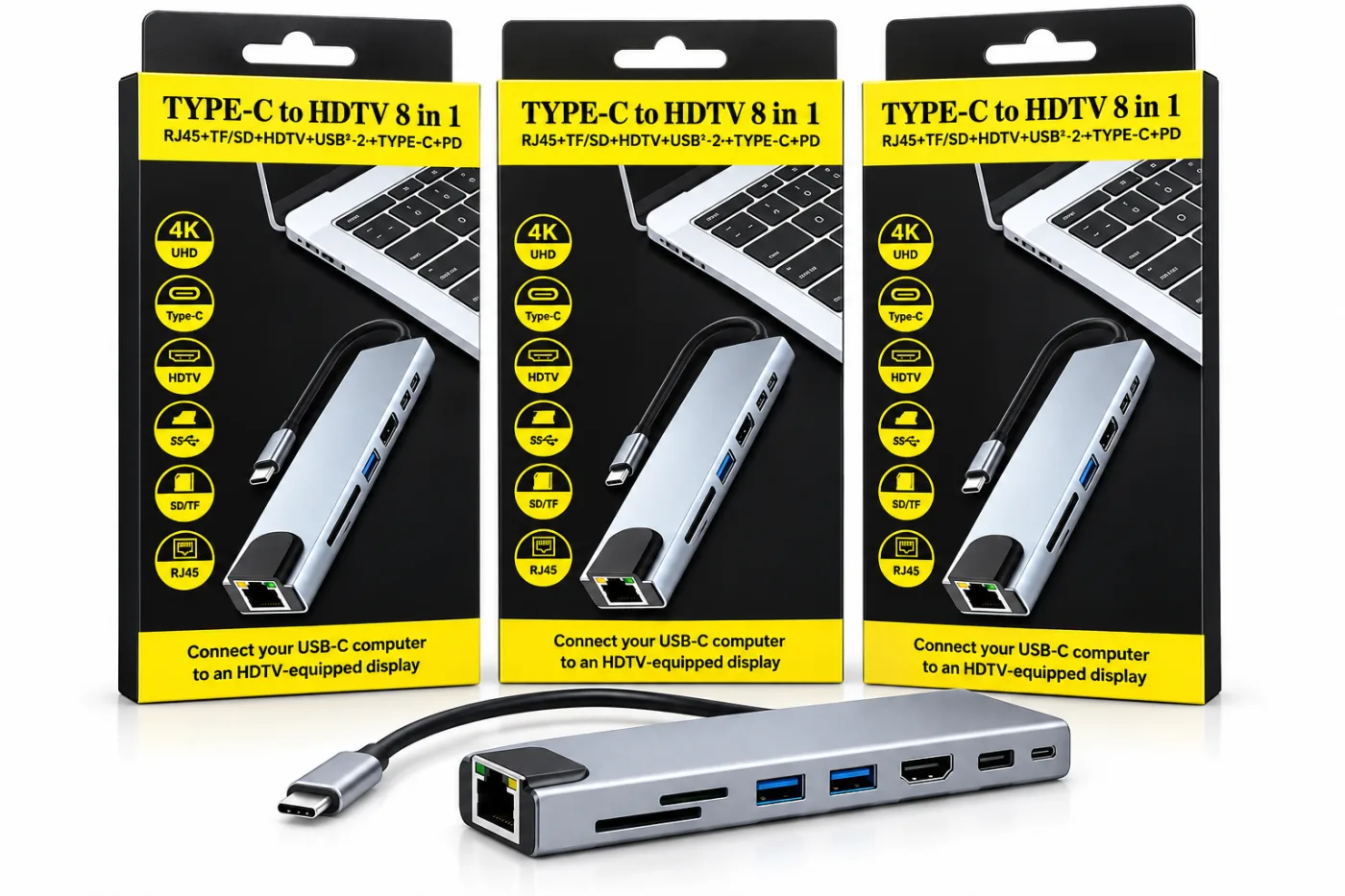 Hub adaptateur USB-C 8 en 1 : HDMI 4K, RJ45, USB 3.0, lecteur SD/TF et USB-C PD